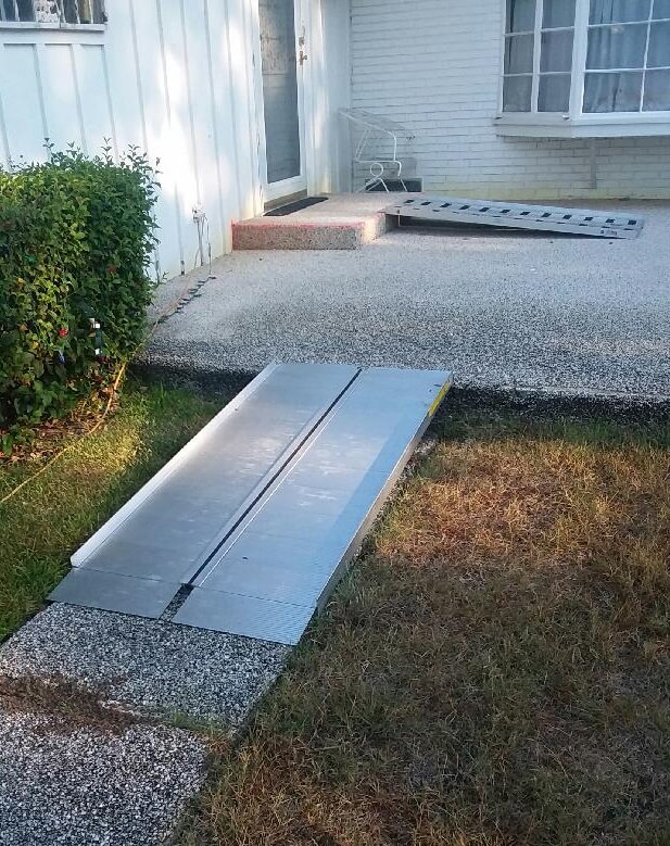 Amramp of Dallas/Fort Worth provided an affordable solution for this Dallas mother with the help of two portable ramps and a small concrete pour. They also improved her existing door threshold as it was too wide for her to cross safely.