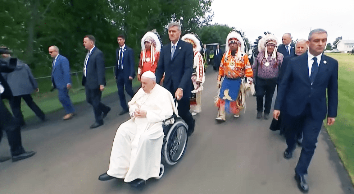 Pope Francis is welcomed at Edmonton International Airport July 24, 2022. The pope was beginning a six-day visit to Canada.