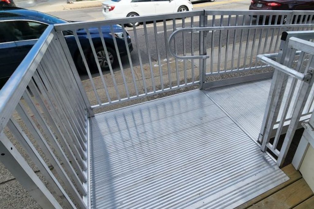 Aluminum wheelchair ramp top view showing non-slip surface
