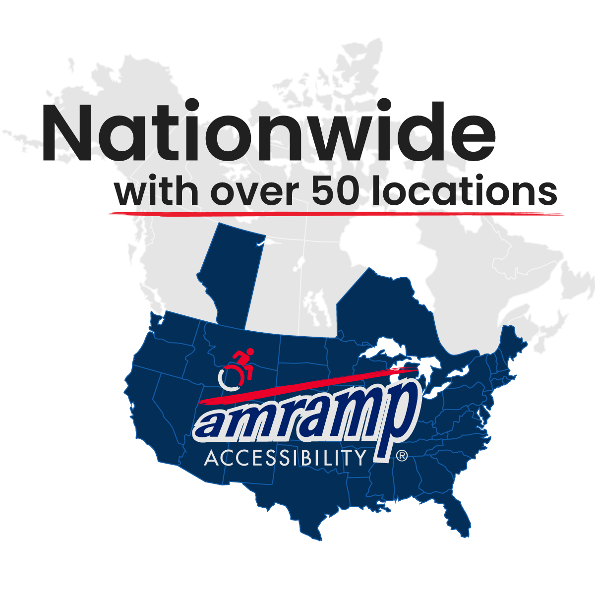 an illustrative map of the united states with the amramp logo superimposed and the words "Nationwide with over 50 locations"