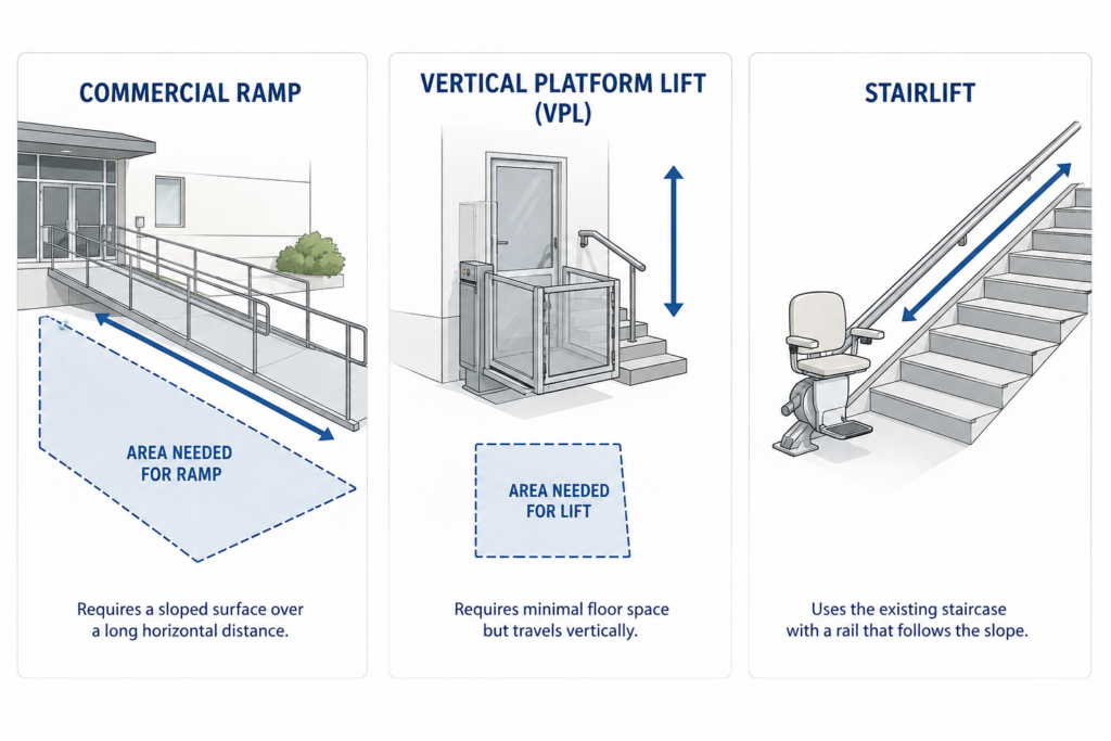 Illustration comparing space requirements for a commercial ramp, vertical platform lift (VPL), and stairlift.