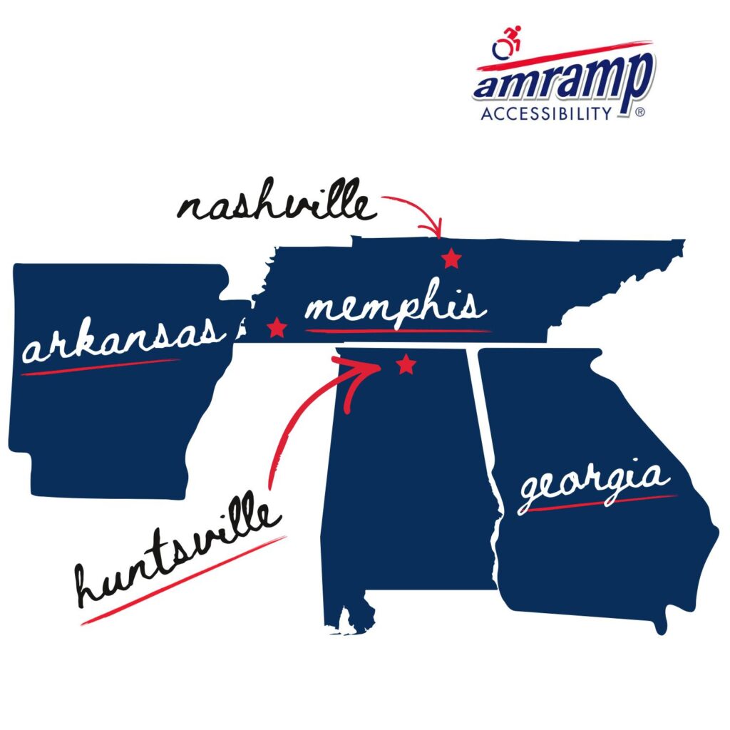 A map graphic showing the geographic area covered by Amramp Accessibility of Nashville, Memphis, Arkansas, Georgia, and Huntsville
