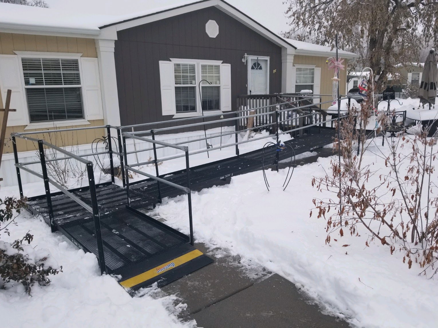 A steel modular Amramp ramp in wintery conditions